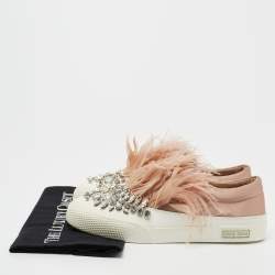 Miu Miu Beige/White Satin and Feather Crystal Embellished Slip On Sneakers Size 40