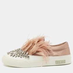 Miu Miu Beige/White Satin and Feather Crystal Embellished Slip On Sneakers Size 40