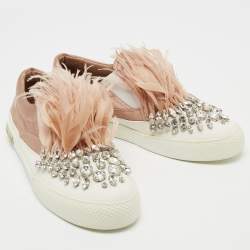 Miu Miu Beige/White Satin and Feather Crystal Embellished Slip On Sneakers Size 40