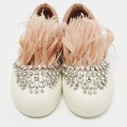 Miu Miu Beige/White Satin and Feather Crystal Embellished Slip On Sneakers Size 40
