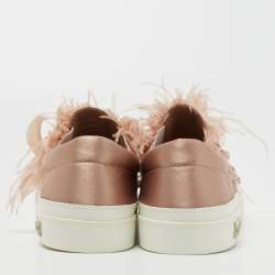 Miu Miu Beige/White Satin and Feather Crystal Embellished Slip On Sneakers Size 40