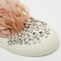 Miu Miu Beige/White Satin and Feather Crystal Embellished Slip On Sneakers Size 40