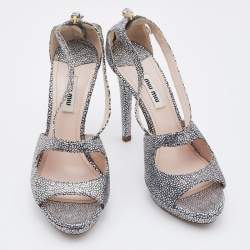Miu Miu Silver Textured Leather Criss Cross Platform Sandals Size 37