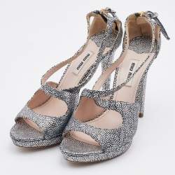 Miu Miu Silver Textured Leather Criss Cross Platform Sandals Size 37
