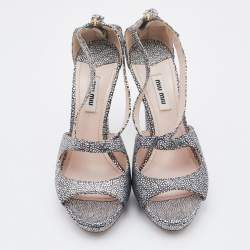 Miu Miu Silver Textured Leather Criss Cross Platform Sandals Size 37