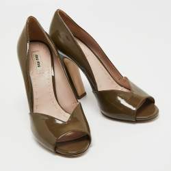 Miu Miu Olive Green Patent Leather Open Toe Pumps Size 40