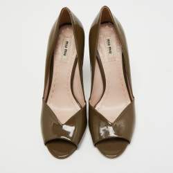 Miu Miu Olive Green Patent Leather Open Toe Pumps Size 40