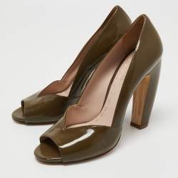 Miu Miu Olive Green Patent Leather Open Toe Pumps Size 40