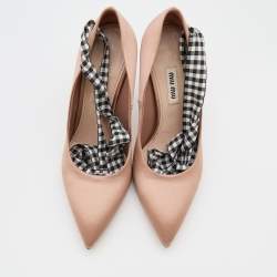 Pre Owned Miu Miu Beige Satin Ankle Wrap Pointed Toe Pumps Size 37