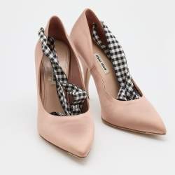 Pre Owned Miu Miu Beige Satin Ankle Wrap Pointed Toe Pumps Size 37