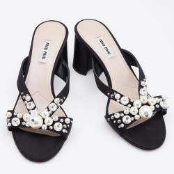 Miu Miu Black Satin Crystal And Pearl Embellished Slide Sandals Size 38.5