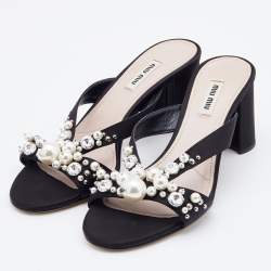 Miu Miu Black Satin Crystal And Pearl Embellished Slide Sandals Size 38.5