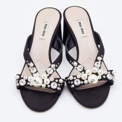 Miu Miu Black Satin Crystal And Pearl Embellished Slide Sandals Size 38.5