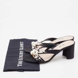 Miu Miu Black Satin Crystal And Pearl Embellished Slide Sandals Size 38.5