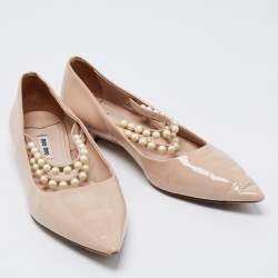 Pre Owned Miu Miu Beige Patent Leather Pearl Embellished Mary Jane Ballet Flats Size 37