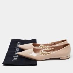 Pre Owned Miu Miu Beige Patent Leather Pearl Embellished Mary Jane Ballet Flats Size 37