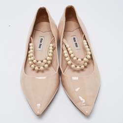 Pre Owned Miu Miu Beige Patent Leather Pearl Embellished Mary Jane Ballet Flats Size 37