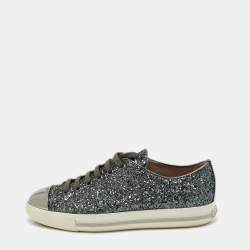 Pre Owned Miu Miu Metallic Grey Glitter Low Top Sneakers Size 38.5
