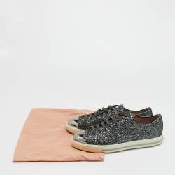 Pre Owned Miu Miu Metallic Grey Glitter Low Top Sneakers Size 38.5