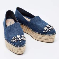 Pre Owned Miu Miu Blue Demin Platform Espadrille Flats Size 40