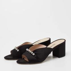 Miu Miu Black Satin Crystal Embellished Block Heel  Sandals Size 38