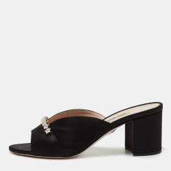 Miu Miu Black Satin Crystal Embellished Block Heel  Sandals Size 38