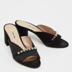 Miu Miu Black Satin Crystal Embellished Block Heel  Sandals Size 38
