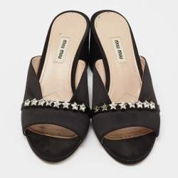 Miu Miu Black Satin Crystal Embellished Block Heel  Sandals Size 38