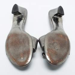 Miu Miu Metallic Grey Leather Crystal Embellished Slide Sandals Size 40