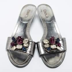 Miu Miu Metallic Grey Leather Crystal Embellished Slide Sandals Size 40