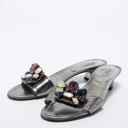 Miu Miu Metallic Grey Leather Crystal Embellished Slide Sandals Size 40