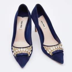 مملوكة مسبقًا Miu Miu Navy Blue Suede Crystal Embellished Pointed Toe Pumps Size 39.5