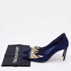 مملوكة مسبقًا Miu Miu Navy Blue Suede Crystal Embellished Pointed Toe Pumps Size 39.5