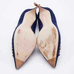 مملوكة مسبقًا Miu Miu Navy Blue Suede Crystal Embellished Pointed Toe Pumps Size 39.5