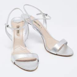 Miu Miu Silver Leather Crystal Embellished Ankle Strap Sandals Size 40.5