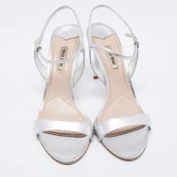Miu Miu Silver Leather Crystal Embellished Ankle Strap Sandals Size 40.5