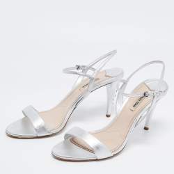Miu Miu Silver Leather Crystal Embellished Ankle Strap Sandals Size 40.5