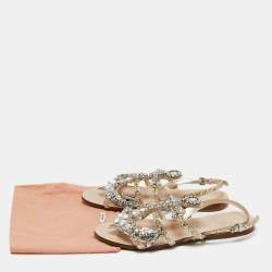 Pre Owned Miu Miu Gold/Silver Glitter and Leather Crystal Embellished Flat Sandals Size 36