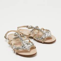 Pre Owned Miu Miu Gold/Silver Glitter and Leather Crystal Embellished Flat Sandals Size 36