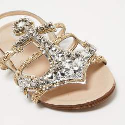 Pre Owned Miu Miu Gold/Silver Glitter and Leather Crystal Embellished Flat Sandals Size 36