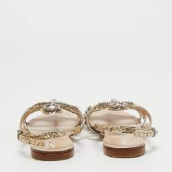 Pre Owned Miu Miu Gold/Silver Glitter and Leather Crystal Embellished Flat Sandals Size 36