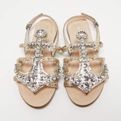 Pre Owned Miu Miu Gold/Silver Glitter and Leather Crystal Embellished Flat Sandals Size 36