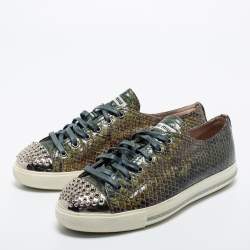 مملوكة مسبقًا Miu Miu Dark Green Python Embossed Embellished Cap Toe Sneakers Size 39