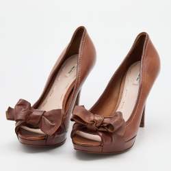 Pre Owned Miu Miu Dark Brown Leather Bow Peep Toe Pumps Size 38