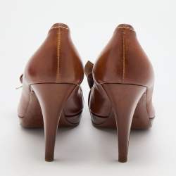 Pre Owned Miu Miu Dark Brown Leather Bow Peep Toe Pumps Size 38