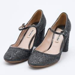 Pre Owned Miu Miu Black Glitter and Patent Leather Mary Jane Pumps Size 38