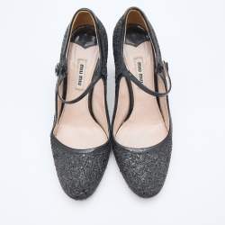 Pre Owned Miu Miu Black Glitter and Patent Leather Mary Jane Pumps Size 38