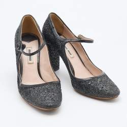 Pre Owned Miu Miu Black Glitter and Patent Leather Mary Jane Pumps Size 38