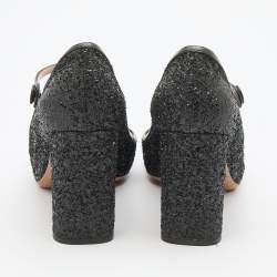 Pre Owned Miu Miu Black Glitter and Patent Leather Mary Jane Pumps Size 38