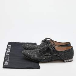 Miu Miu Black Glitter Crystal Embellished Heels Lace Up Derby Size 38